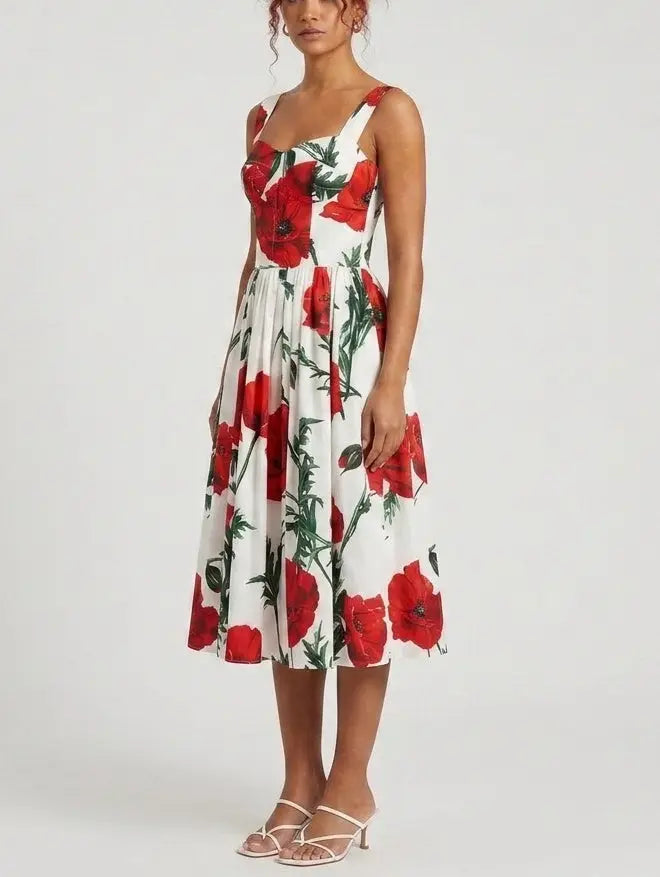 Red Poppy Print Bustier Cotton Dress - Dresses