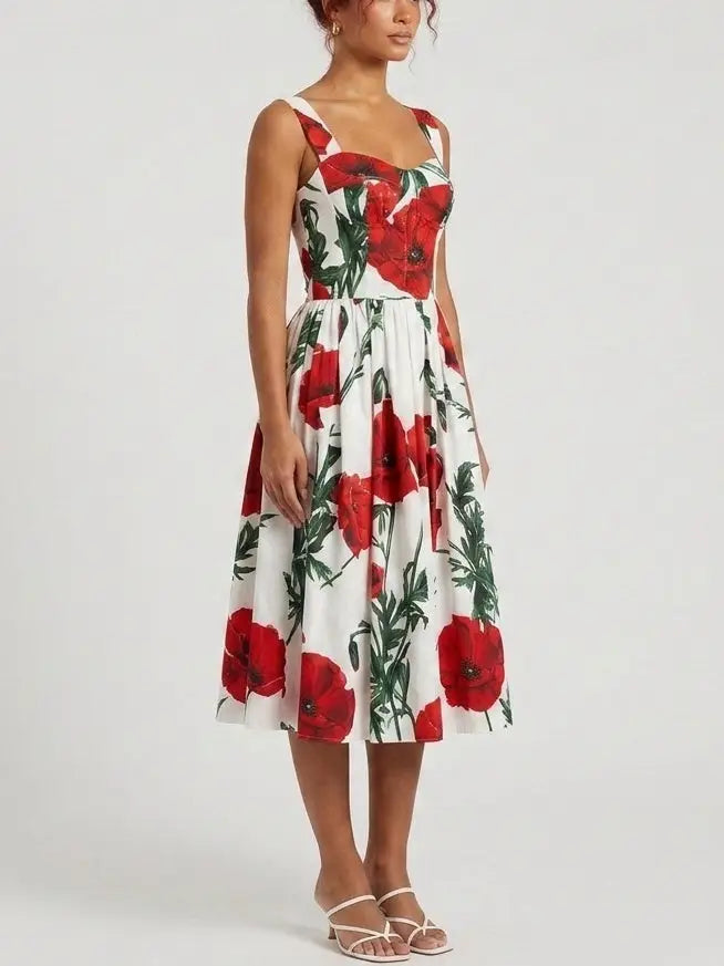 Red Poppy Print Bustier Cotton Dress - Dresses