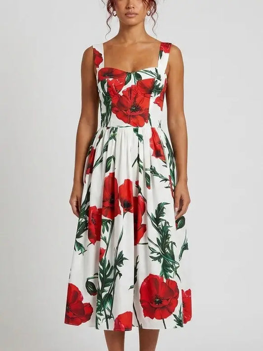 Red Poppy Print Bustier Cotton Dress - Dresses