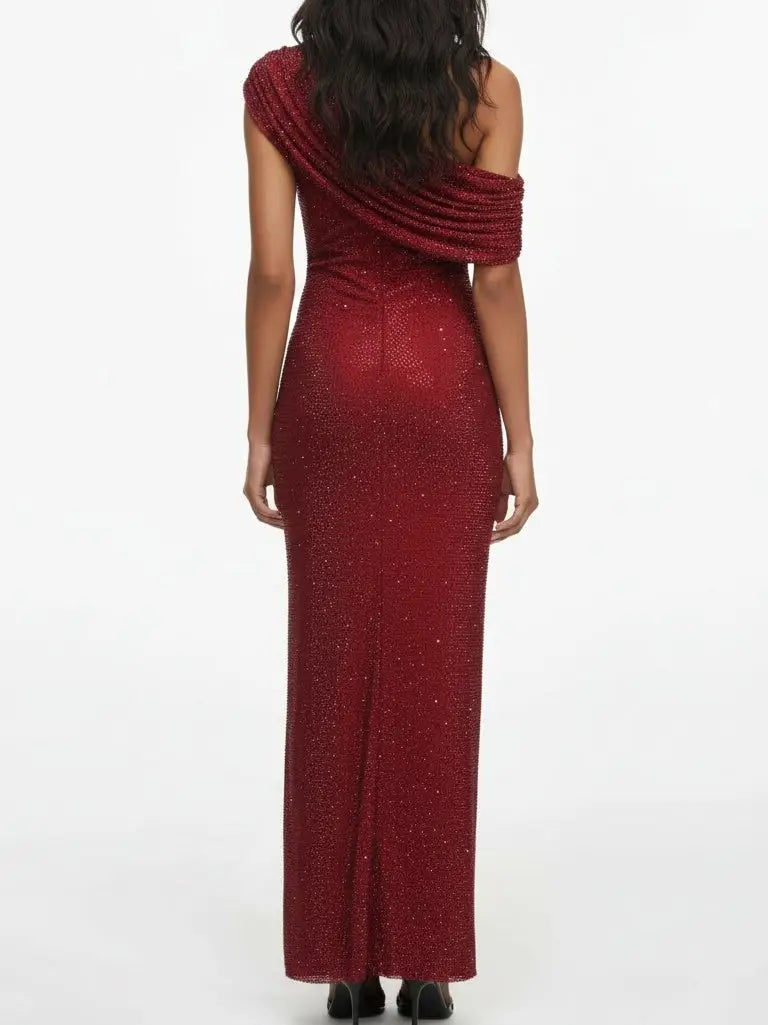 Red Rhinestone Draped Slit Maxi Dress - Dresses
