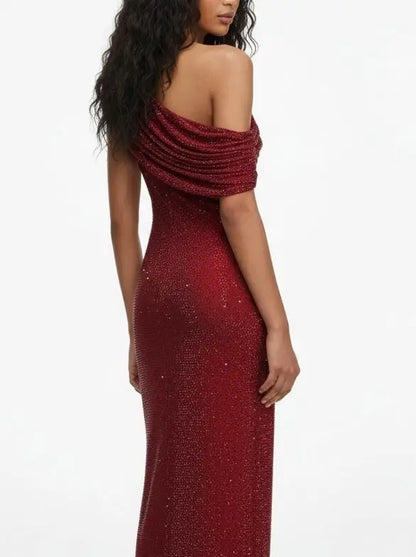 Red Rhinestone Draped Slit Maxi Dress - Dresses