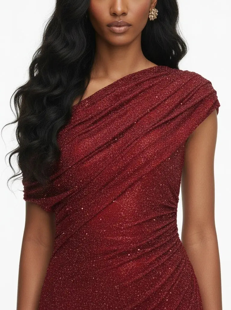 Red Rhinestone Draped Slit Maxi Dress - Dresses