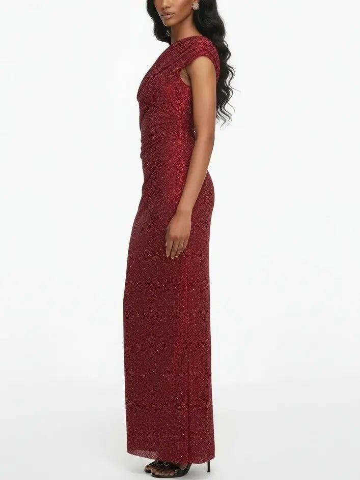 Red Rhinestone Draped Slit Maxi Dress - Dresses