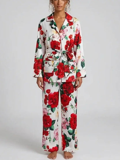 Red Rose Print Belted Shirt and Pant Set - Suits & Sets