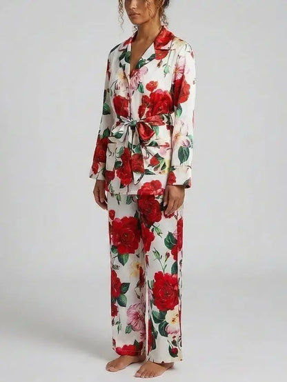 Red Rose Print Belted Shirt and Pant Set - Suits & Sets