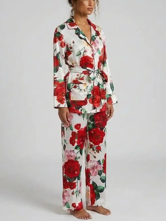 Red Rose Print Belted Shirt and Pant Set - Suits & Sets