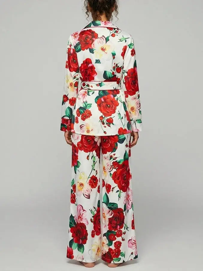 Red Rose Print Belted Shirt and Pant Set - Suits & Sets