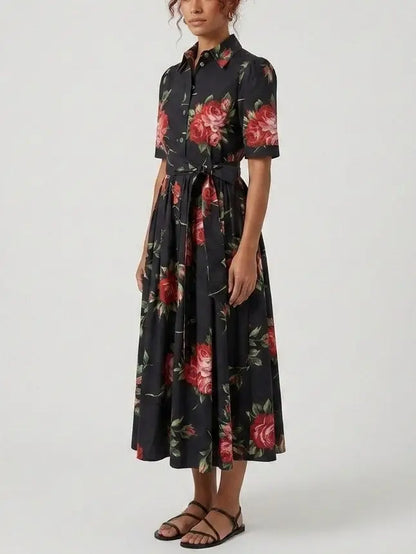 Red Rose Print Black Cotton Button Down Midi Dress - Dresses