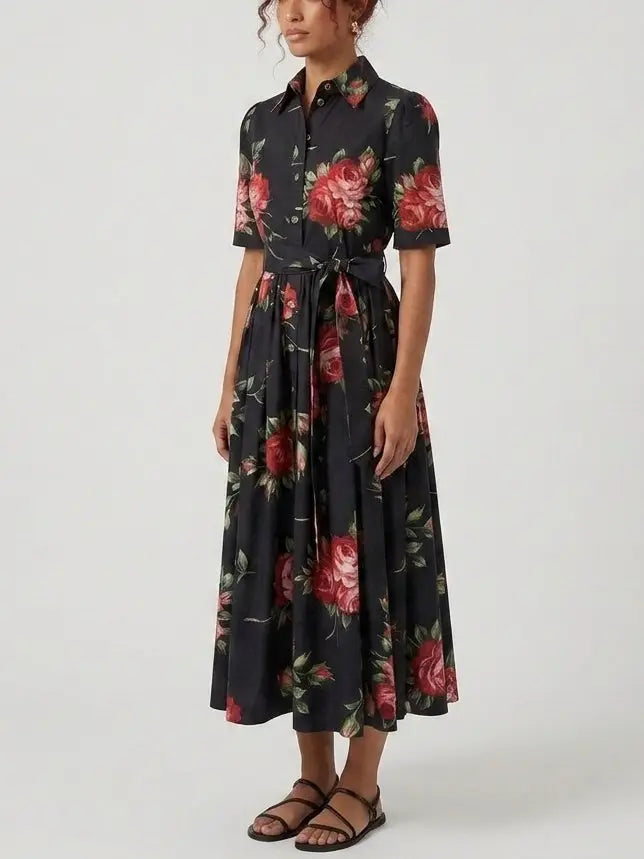 Red Rose Print Black Cotton Button Down Midi Dress - Dresses