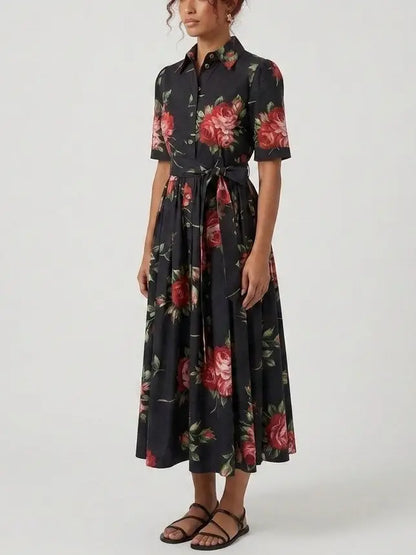 Red Rose Print Black Cotton Button Down Midi Dress - Dresses