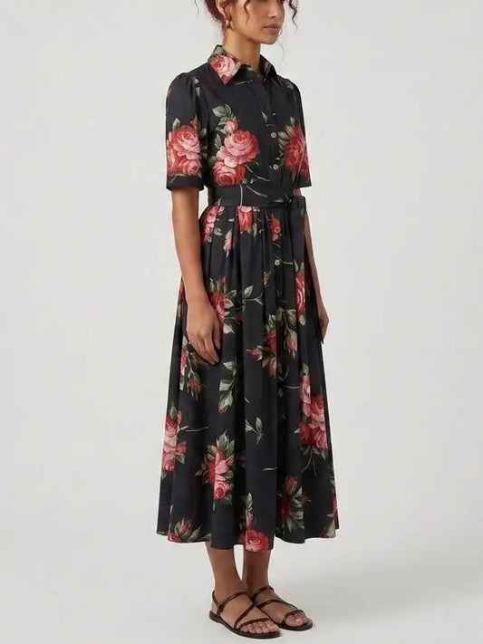 Red Rose Print Black Cotton Button Down Midi Dress - Dresses