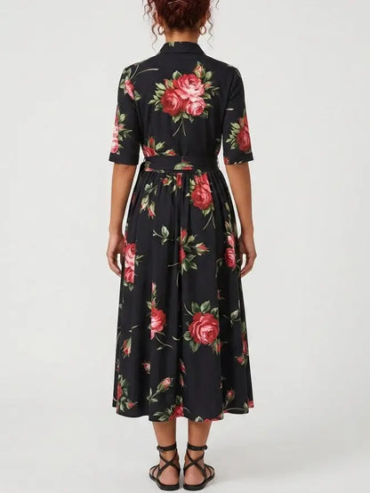Red Rose Print Black Cotton Button Down Midi Dress - Dresses