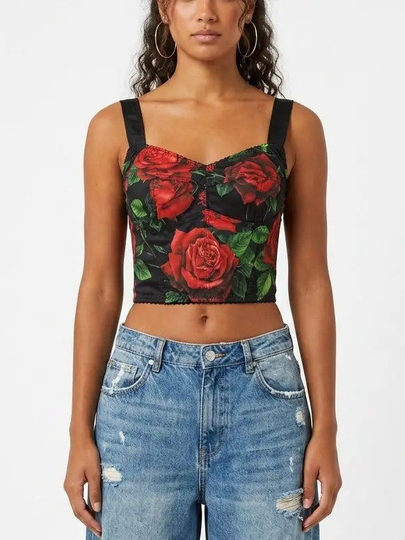 Red Rose Print Bustier Crop Top - Tops