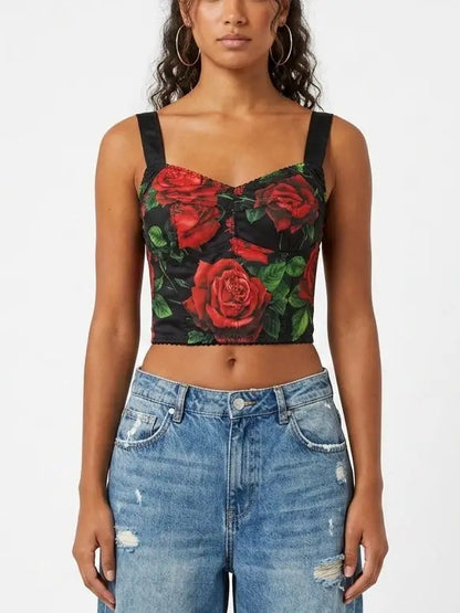 Red Rose Print Bustier Crop Top - Tops