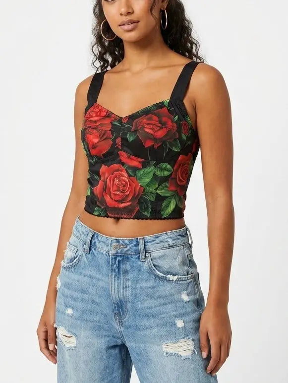 Red Rose Print Bustier Crop Top - Tops