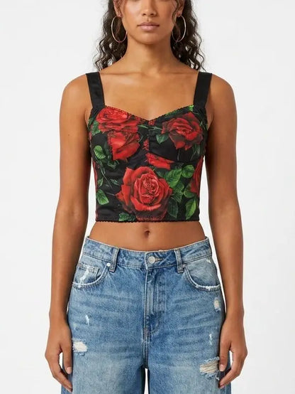 Red Rose Print Bustier Crop Top - Tops