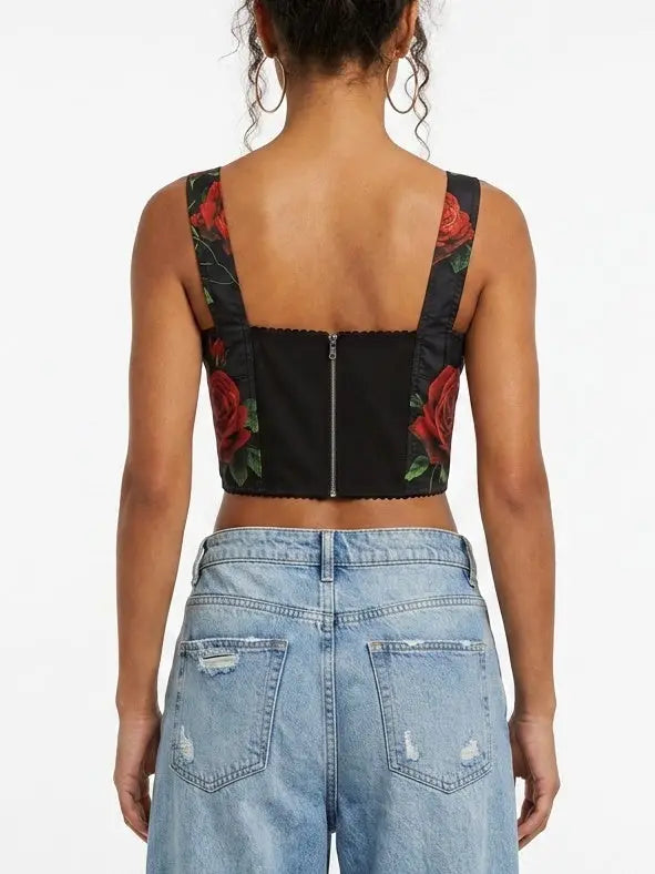 Red Rose Print Bustier Crop Top - Tops