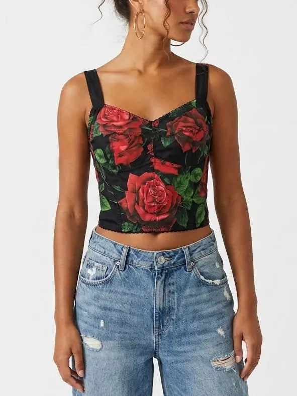 Red Rose Print Bustier Crop Top - Tops
