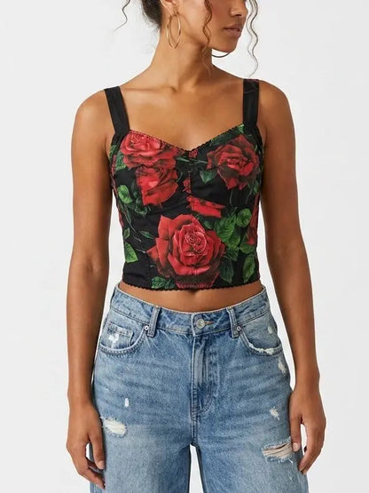 Red Rose Print Bustier Crop Top - Tops