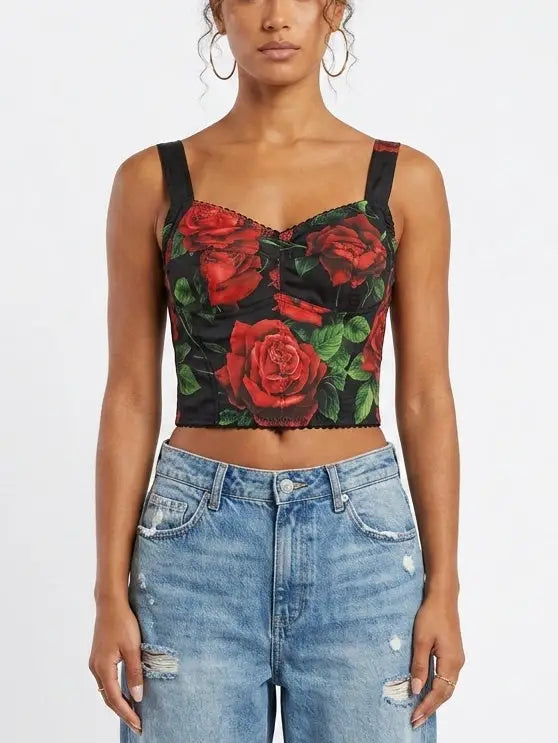 Red Rose Print Bustier Crop Top - Tops