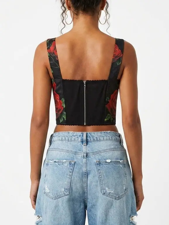 Red Rose Print Bustier Crop Top - Tops