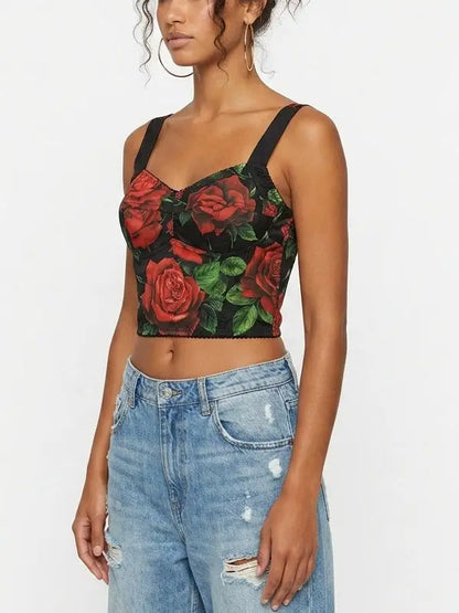 Red Rose Print Bustier Crop Top - Tops