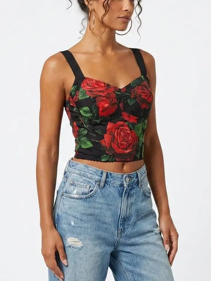 Red Rose Print Bustier Crop Top - Tops