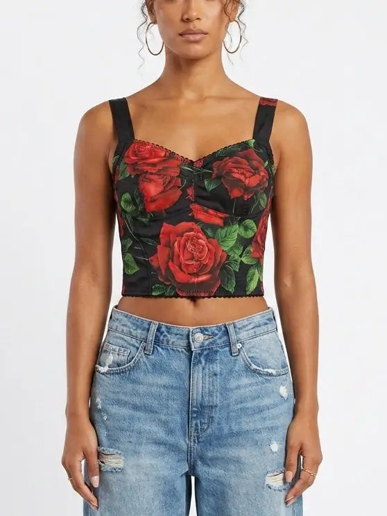 Red Rose Print Bustier Crop Top - Tops