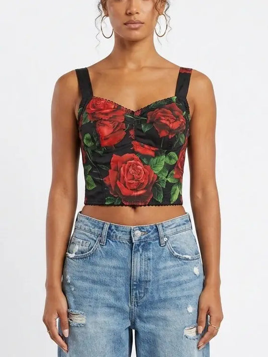 Red Rose Print Bustier Crop Top - Tops