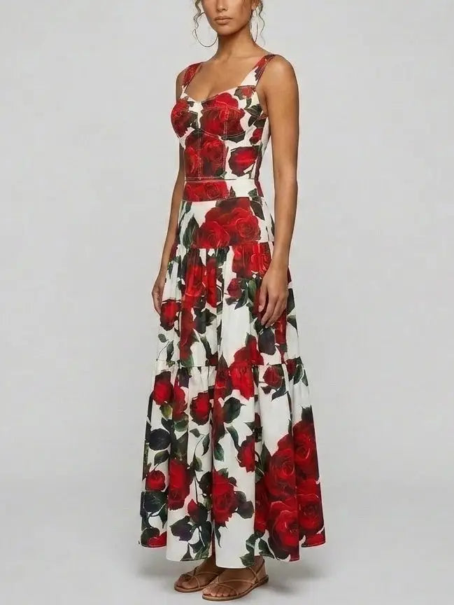 Red Rose Print Corset Top and Tiered Maxi Skirt Set - Suits & Sets