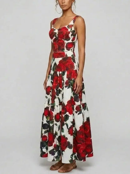 Red Rose Print Corset Top and Tiered Maxi Skirt Set - Suits & Sets