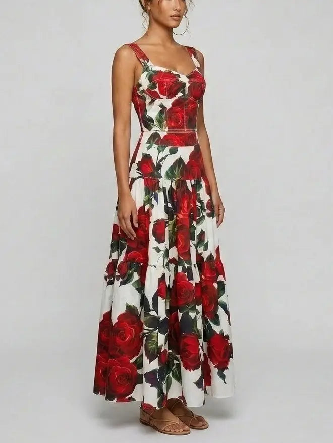 Red Rose Print Corset Top and Tiered Maxi Skirt Set - Suits & Sets