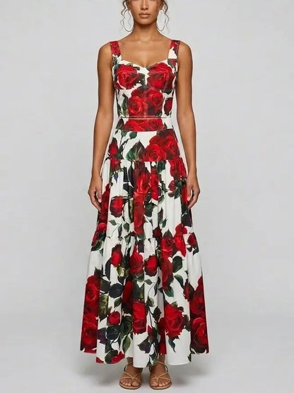Red Rose Print Corset Top and Tiered Maxi Skirt Set - Suits & Sets