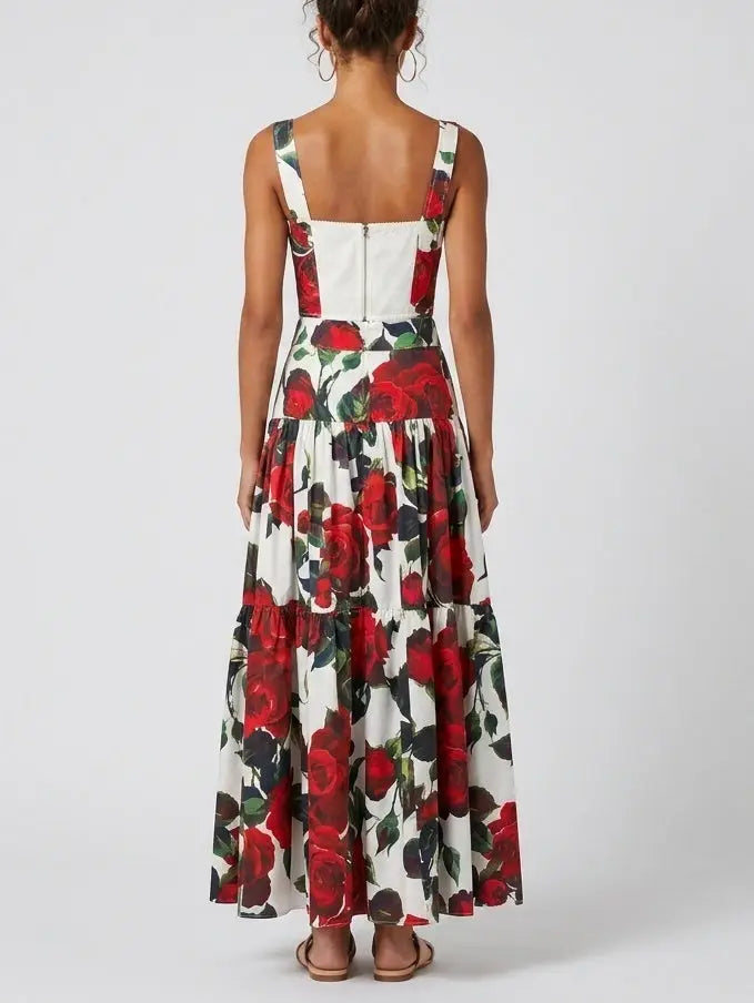 Red Rose Print Corset Top and Tiered Maxi Skirt Set - Suits & Sets