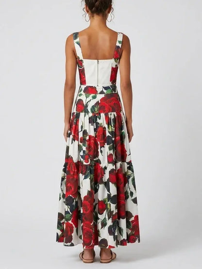 Red Rose Print Corset Top and Tiered Maxi Skirt Set - Suits & Sets