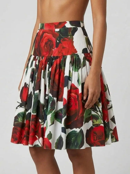 Red Rose Print Cotton Circle Mini Skirt - Skirts