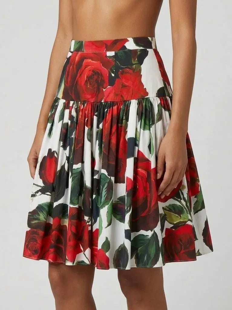 Red Rose Print Cotton Circle Mini Skirt - Skirts