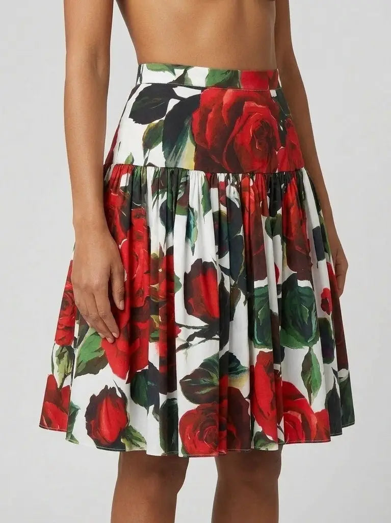 Red Rose Print Cotton Circle Mini Skirt - Skirts
