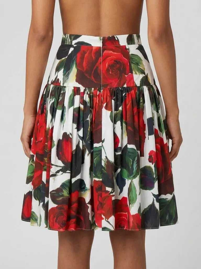 Red Rose Print Cotton Circle Mini Skirt - Skirts