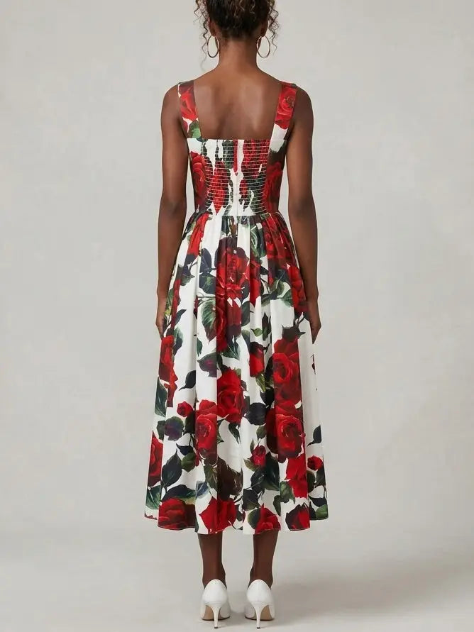 Red Rose Print Cotton Midi Dress - Dresses