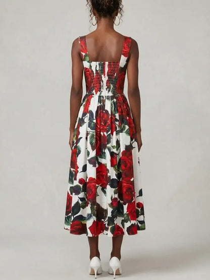 Red Rose Print Cotton Midi Dress - Dresses