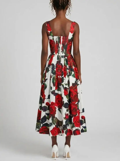 Red Rose Print Cotton Midi Dress - Dresses