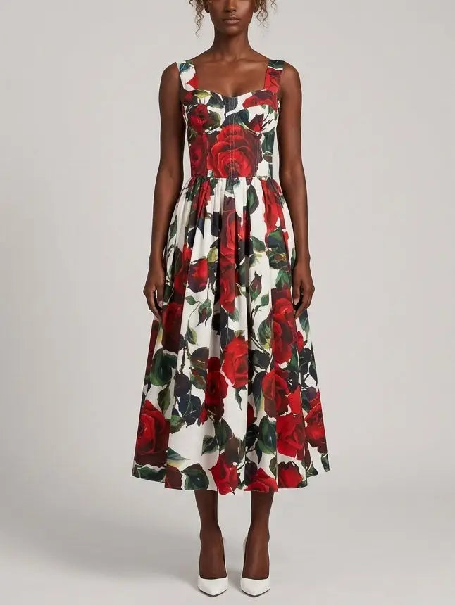 Red Rose Print Cotton Midi Dress - Dresses