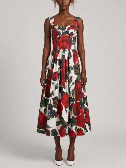Red Rose Print Cotton Midi Dress - Dresses