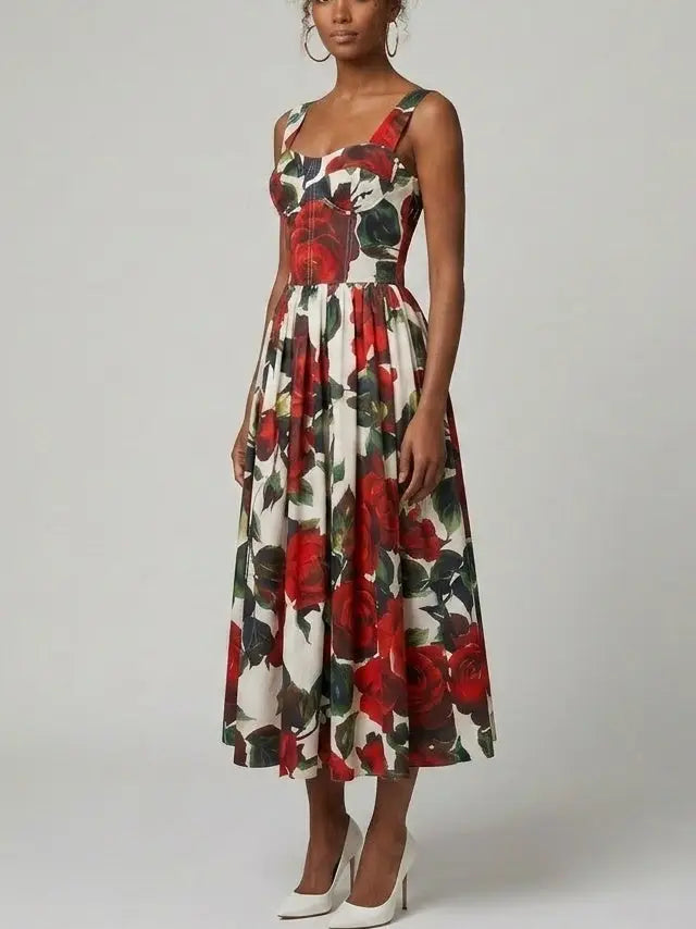 Red Rose Print Cotton Midi Dress - Dresses