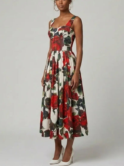 Red Rose Print Cotton Midi Dress - Dresses