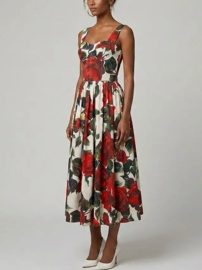Red Rose Print Cotton Midi Dress - Dresses