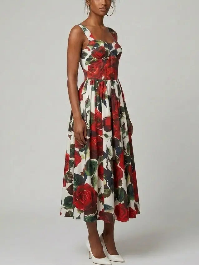 Red Rose Print Cotton Midi Dress - Dresses