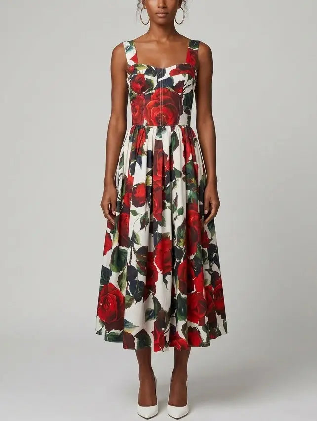 Red Rose Print Cotton Midi Dress - S - Dresses