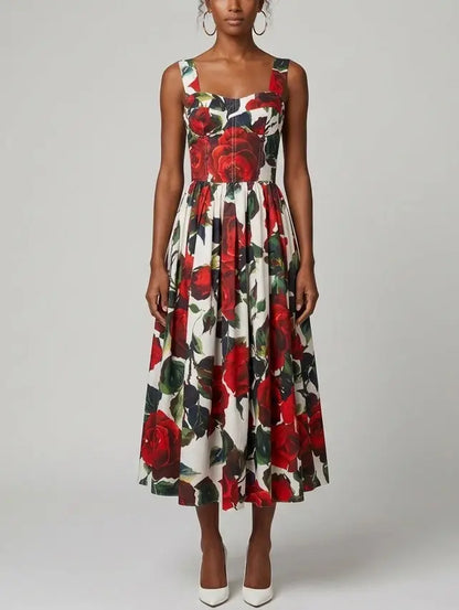 Red Rose Print Cotton Midi Dress - S - Dresses